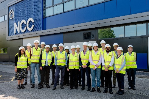 Professor Judith Squires, Provost and Deputy Vice Chancellor (centre) with Professor Simon McIntosh-Smith (left) and Dr Jon Hunt, Executive Director, Research & Enterprise (right) with delegation from DSIT, UKRI and University of Cambridge at the National Composites Centre (NCC).